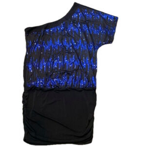 Trixxi 2X One Shoulder Black Dress With Blue Waterfall Sequins Vintage